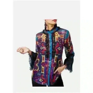 Anna Sui x INC  Patterned Lace Silk Sz S Button Collar Coastal Boho Bell Sleeve